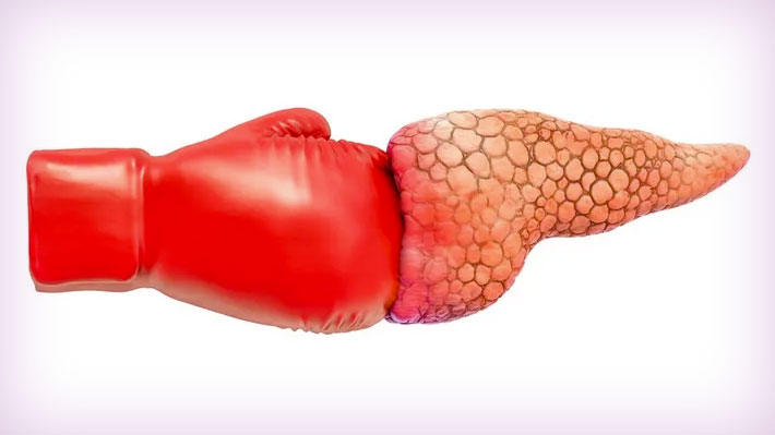 A stylised red boxing glove impacting on a depiction of a human pancreas